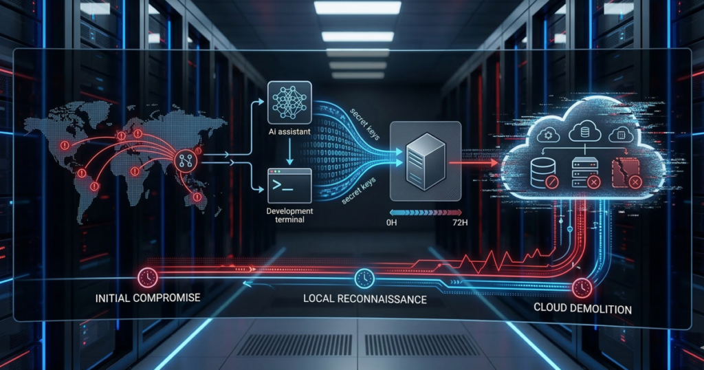 nfographic of UNC6426 attack: poisoned Nx npm package steals keys via AI assistants to gain AWS Admin access in 72 hours.