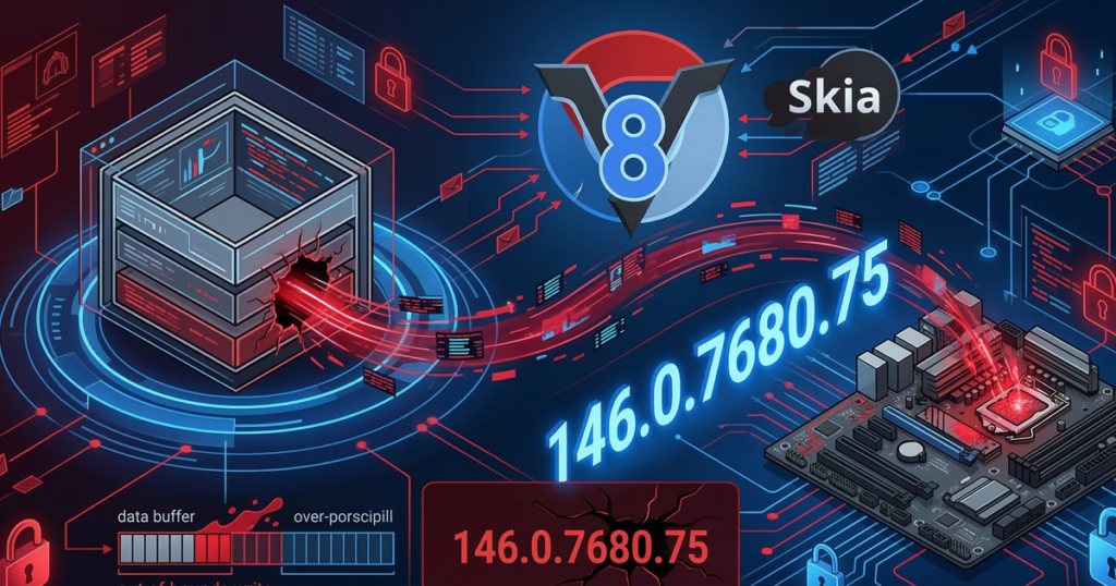 Visual of CVE-2026-3910 V8 sandbox escape and CVE-2026-3909 Skia graphics flaw