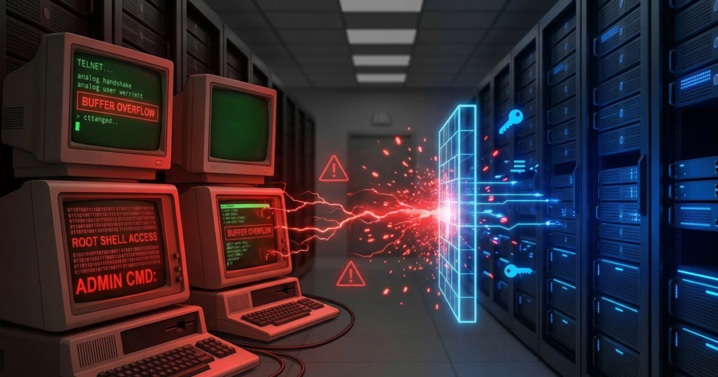 Critical Telnet RCE vulnerability CVE-2026-32746 and CVE-2026-24061 affecting legacy hardware in a secure data center environment.