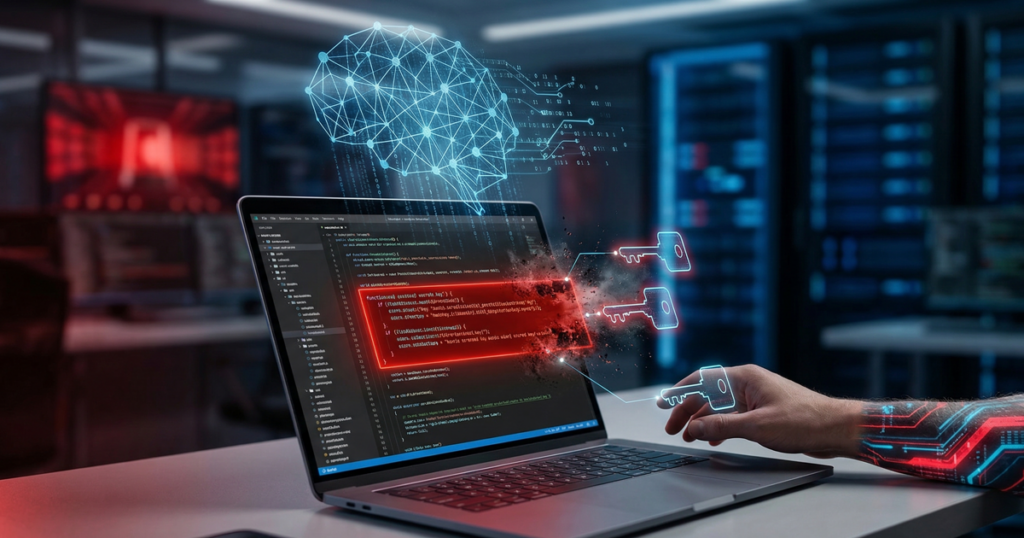 Conceptual cybersecurity image of an AI brain hovering over a developer laptop, illustrating AI-assisted coding leaking digital security keys and hardcoded secrets in a data center environment.