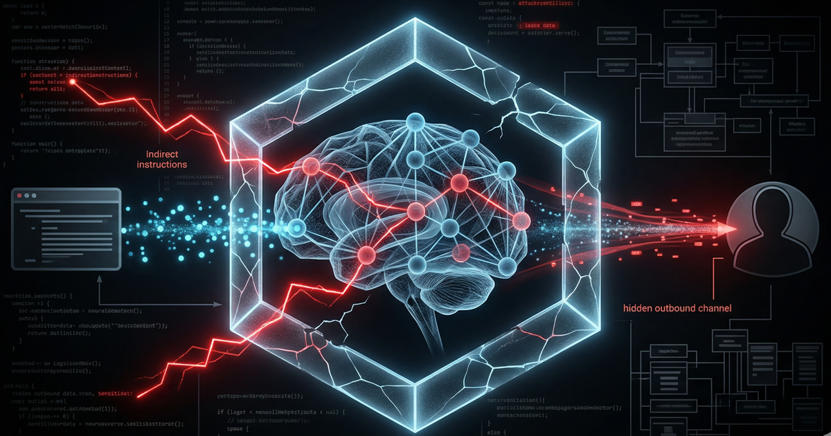 A technical cybersecurity conceptual image showing a digital brain inside a cracked glowing hexagon, illustrating a hidden outbound channel leaking sensitive data from an AI sandbox environment.