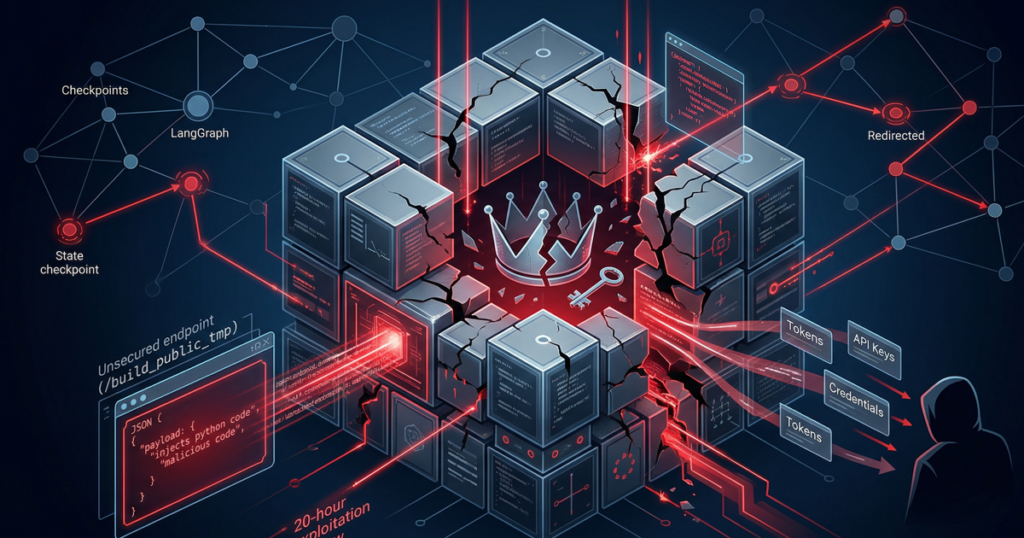 Conceptual cybersecurity visualization of fractured digital blocks representing LangChain, LangGraph, and Langflow (the AI 'Lang' frameworks), showing red data leakage and cracked structural connections, symbolizing the active RCE exploitation and "LangGrinch" vulnerabilities.