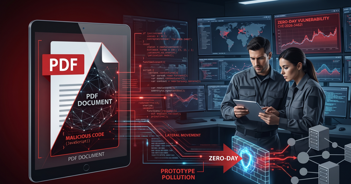 Conceptual cybersecurity image showing two analysts in a security operations center investigating a malicious PDF document attack. A tablet displays a PDF with embedded red JavaScript code (Prototype Pollution) triggering a 'Zero-Day' exploit that leads to 'Lateral Movement' into a network.