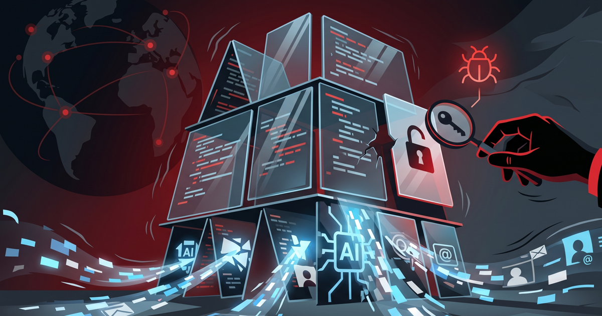 Conceptual cybersecurity image illustrating an unstable house of cards made of code panels on an AI foundation, with sensitive data leaking and a hand with a magnifying glass examining a broken lock.
