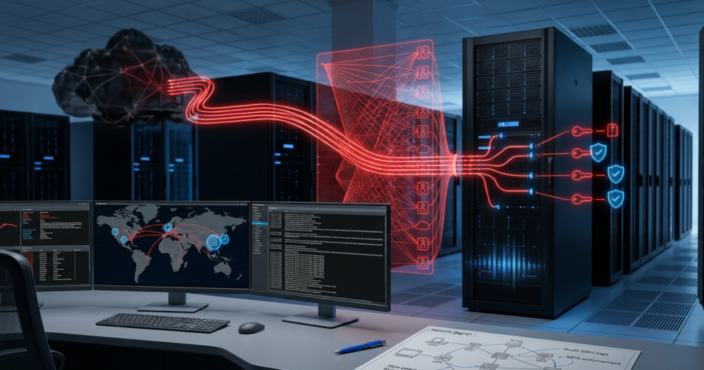 Conceptual cybersecurity image showing a global map and data center environment, with a large cloud vector malicious network path targeting a specific 64-bit Linux server rack. Red visualizations illustrate persistent, invisible connections.