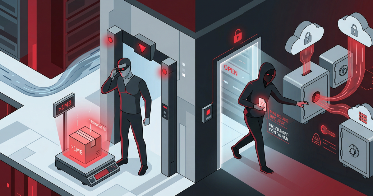 Isometric cybersecurity illustration showing a distracted digital security guard ignoring a large package marked '>1MB' and 'TRUNCATED', while an attacker in the background accesses a server rack labeled 'OPEN' and 'MALICIOUS REQUEST', symbolizing the Docker CVE-2026-34040 vulnerability.