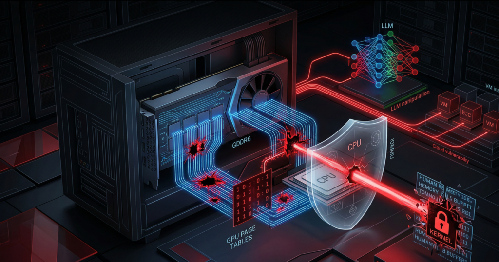 High-tech diagram illustrating the GPUBreach exploit: red electrical 'hammering' forces bit flips in GDDR6 memory, corrupting GPU Page Tables and bypassing the IOMMU shield to gain root access to the CPU kernel.