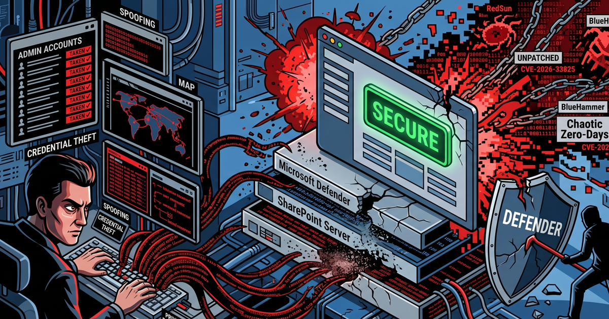 Conceptual cybersecurity illustration showing a hacker sitting at a multi-monitor setup with code and data on screens. Screens show 'SPOOFING', 'CREDENTIAL THEFT', and a 'MAP' with red connections. Below are 'PRIVILEGE ESCALATION' and red connections. To the right, a centralized system labelled 'SECURE' on a screen is cracked and broken. Stacked below the screen are 'Microsoft Defender' and 'SharePoint Server' layers, also broken. Red data tentacles and chains are breaking through from the hacker's side. An isolated red entity labeled 'DEFENDER' with chains around it and a red figure with a crowbar is also visible. Text labels like 'RedSun', 'BlueHammer', 'UNPATCHED', 'CVE-2026-33825', and 'CVE-2026-32201' are dispersed in the chaotic red area. The overall style is futuristic and high-tech with a focus on a blue, red, grey, and black color palette.