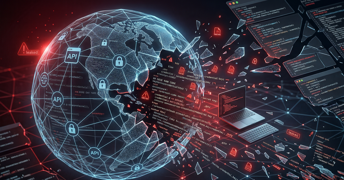 Conceptual image of a secure digital globe fracturing into broken glass segments, with red glowing API icons, lock symbols, and raw source code leaking out. A laptop and scattered code snippets in the background illustrate a compromised development pipeline and secrets sprawl.