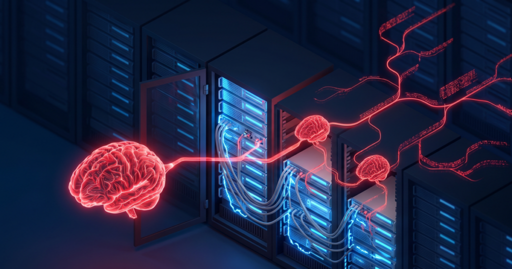 A 3D conceptual illustration showing a glowing red digital AI brain replicating and spreading through a dark data center server rack, representing the autonomous spread of agentic malware and AI-driven cyber attacks.