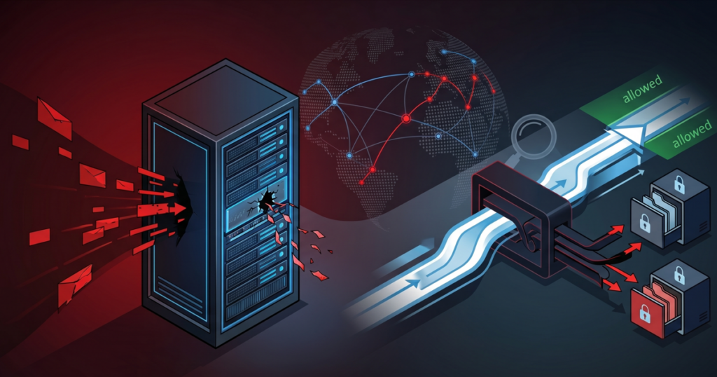 Conceptual cybersecurity infographic illustrating an attack on an Apache HTTP Server. A dark server rack on the left is visibly broken and radiating red exploit code. On the right, a multi-lane network data path is split by a physical barrier (representing mod_rewrite), redirecting traffic away from the green 'allowed' path toward locked filing cabinets containing sensitive data.