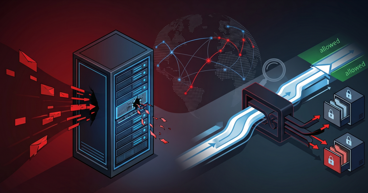 Conceptual cybersecurity infographic illustrating an attack on an Apache HTTP Server. A dark server rack on the left is visibly broken and radiating red exploit code. On the right, a multi-lane network data path is split by a physical barrier (representing mod_rewrite), redirecting traffic away from the green 'allowed' path toward locked filing cabinets containing sensitive data.