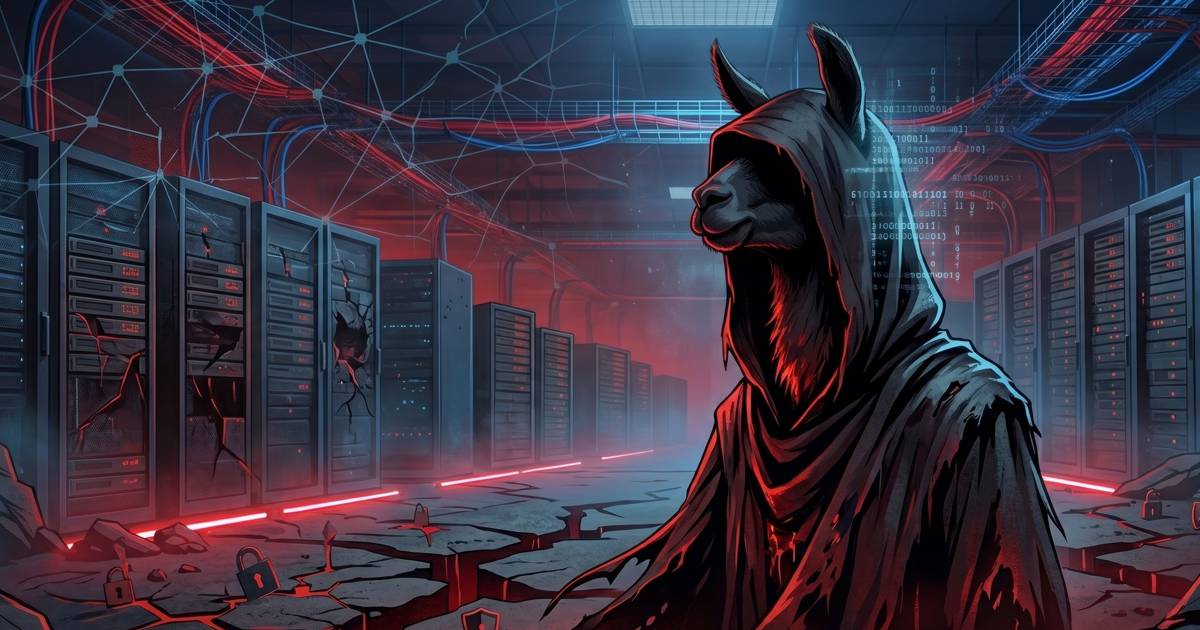 Cyber security conceptual illustration featuring a cloaked, hooded figure with llama features (referencing the Ollama LLM framework) standing over cracked floors and breached, leaking server racks in a dark data center, symbolizing AI security vulnerabilities and Remote Code Execution.